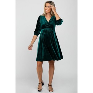 Pinkblush Green Velvet Wrap Front Babydoll Maternity Dress - 1 of 4