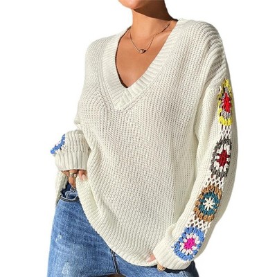 Coolmee Womens Knit Sweaters Fall Winter V Neck Long Sleeve Pullover Casual Loose Tops