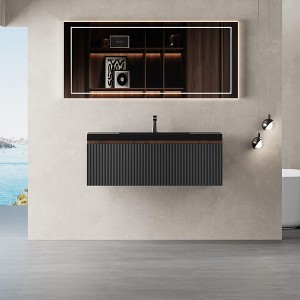 Christopher Knight Home Annabelle Modern Wood Striped Wall-Mounted Bathroom Vanity with Soft-Close Drawer and Quartz Sand Basin - 1 of 4