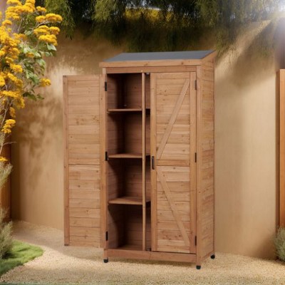 Sapphtopaz Outdoor Potting Bench with Storage Cabinet & Metal Table Top, Hemlock Wood Outdoor Storage Cabinet with Screen Door, Garden Potting Table