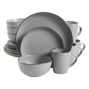 Gibson Home Rockaway Round Stoneware Coupe Edged Dinnerware Set, Service for 4 with Dinner Plates, Dessert Plate, Bowls, & Mugs, Grey w/ Metallic Rim - 1 of 4
