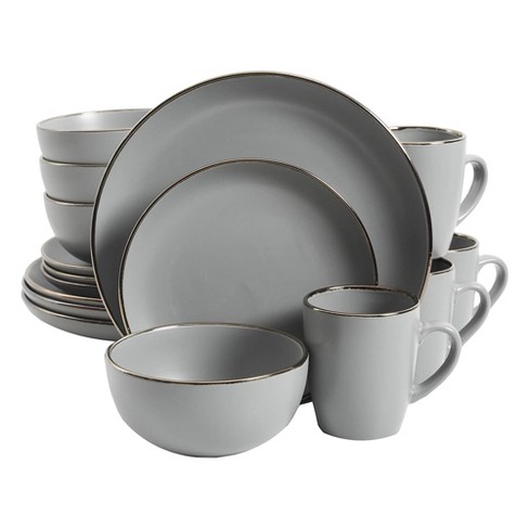 Gibson Home Rockaway Round Stoneware Coupe Edged Dinnerware Set, Service  for 4 with Dinner Plates, Dessert Plate, Bowls, & Mugs, Grey w/ Metallic Rim