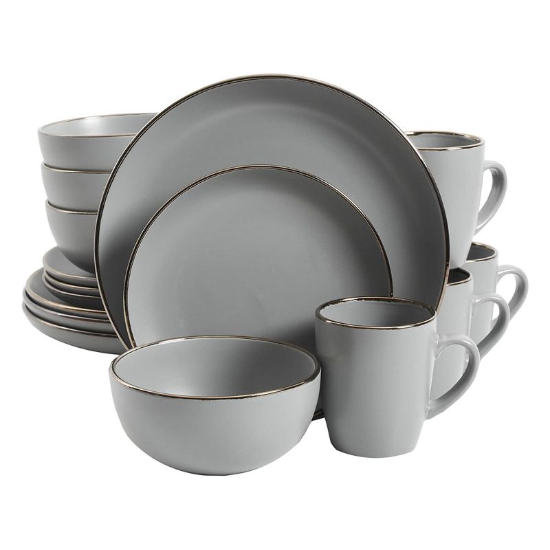 Gibson Home Rockaway Round Stoneware Coupe Edged Dinnerware Set, Service for 4 with Dinner Plates, Dessert Plate, Bowls, & Mugs, Grey w/ Metallic Rim, 1 of 7