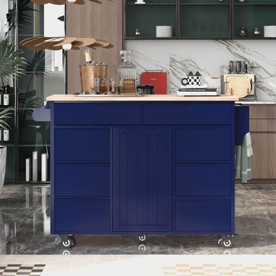 NicBex Kitchen Island on Wheels Rolling Kitchen Cart with 8 hidden Handle Drawers and a Storage Cabinet Simple Style