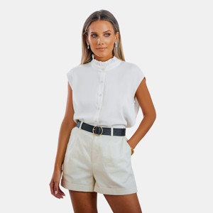 Women's Ivory Ruffle Collar Sleeveless Front Button Blouse - Cupshe - 1 of 4