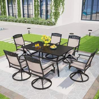 7pc Outdoor Dining Set with Swivel Sling Chairs & Rectangle Table with Umbrella Hole - Black - Captiva Designs