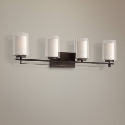 Transitional Smoked Iron 4-Light Bath Bar with Etched White Glass
