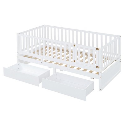 Bellemave Twin Size Wood Daybed with Fence Guardrails and 2 Drawers, Split into Independent Floor Bed & Daybed, White