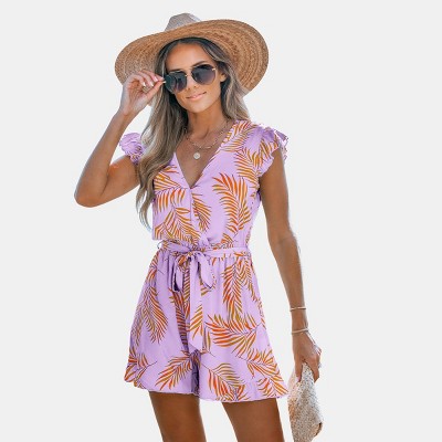 Women's Tropical Palm Leaf Print Wrap Romper - Cupshe