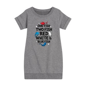 Girls' - Dr. Seuss - Red, White and Blue Fish Graphic Short Sleeve Fleece Dress - 1 of 4