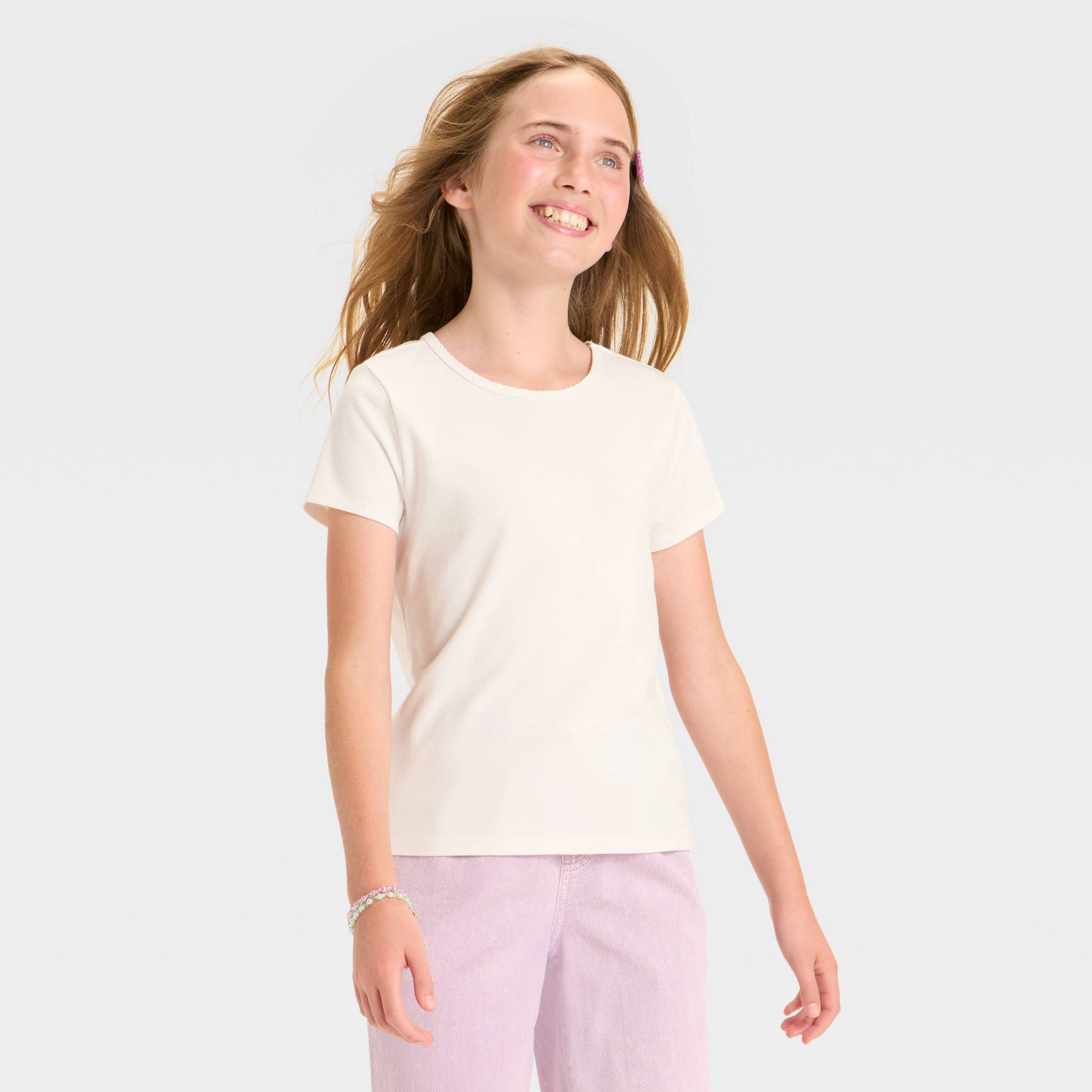 Girls' Short Sleeve Fitted T-Shirt - Cat & Jack™ Light Cream M