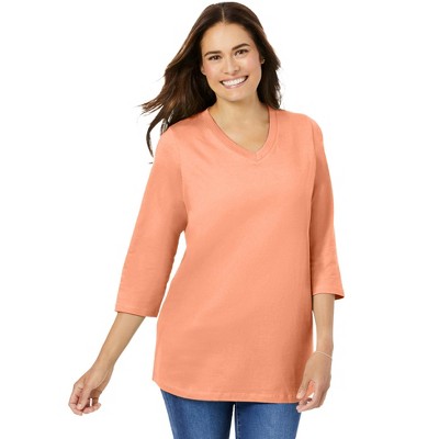 Woman Within Women's Plus Size Perfect Three-Quarter Sleeve V-Neck Tee