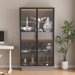 60.6" Tall MDF Freestanding Display Cabinet with Adjustable Glass Shelves, LED Lighting and 2 Storage Drawers for Hallways - 1 of 4