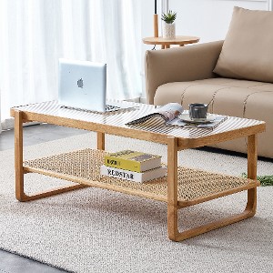 Lyngins Modern Simple Rectangle Coffee Table, Double-Layer Solid Wood Glass Desktop Tea Table, Rattan Woven Chinese Side Table, Rounded Edges - 1 of 4