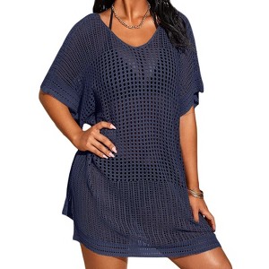 Women's Crochet Beach Cover-Up Dress - Batwing Sleeve V-Neck Openwork Tunic with Side Slit - 1 of 2