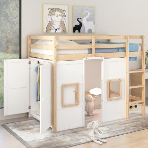 TIRAMISUBEST Twin Size Loft Bed with Built-in Storage Wardrobe and 2 Windows, Wooden Loft Bedframe with Ladder and Guardrail, Kids Playhouse Bed - 1 of 4