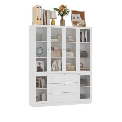 FUFU&GAGA White 5-Shelf Storage Cabinet 6 Glass Door Gold Cone Pulls with 3 Drawers