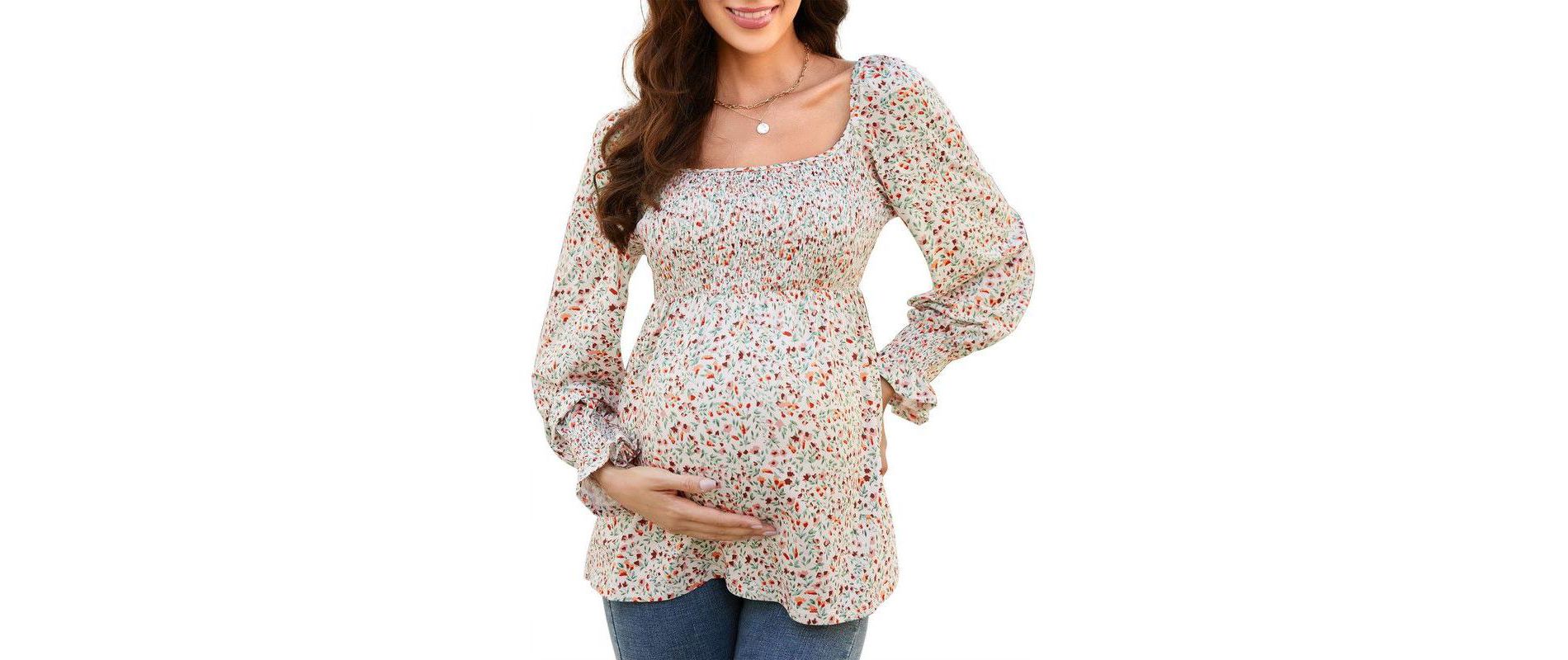 Coolmee Women's Maternity Shirts  Puff Long Sleeve Shirt Square Neck Casual Smocked Tunic Tops Spring Fall Clothes