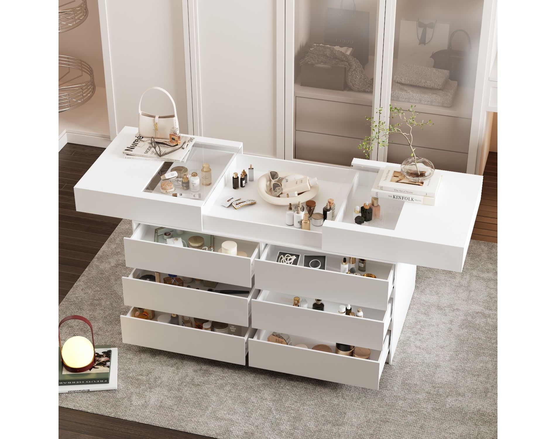Famapy 12-Drawer Storage Island Tempered Glass Top Island Display Cabinet Dresser