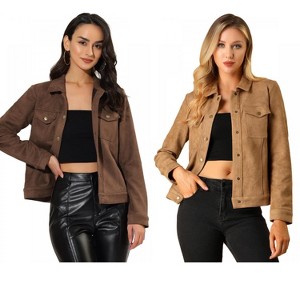 INSPIRE CHIC Women's Turn-Down Collar Flap Pockets Snap Button Faux Suede Jacket 2 Packs - 1 of 4