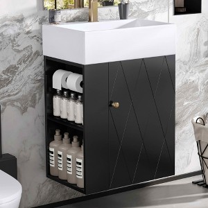 MAYEERTY 20" Bathroom Vanity Ceramic Sink Diamond Door Gold Handle Side Shelves Towel Bar MDF - 1 of 4