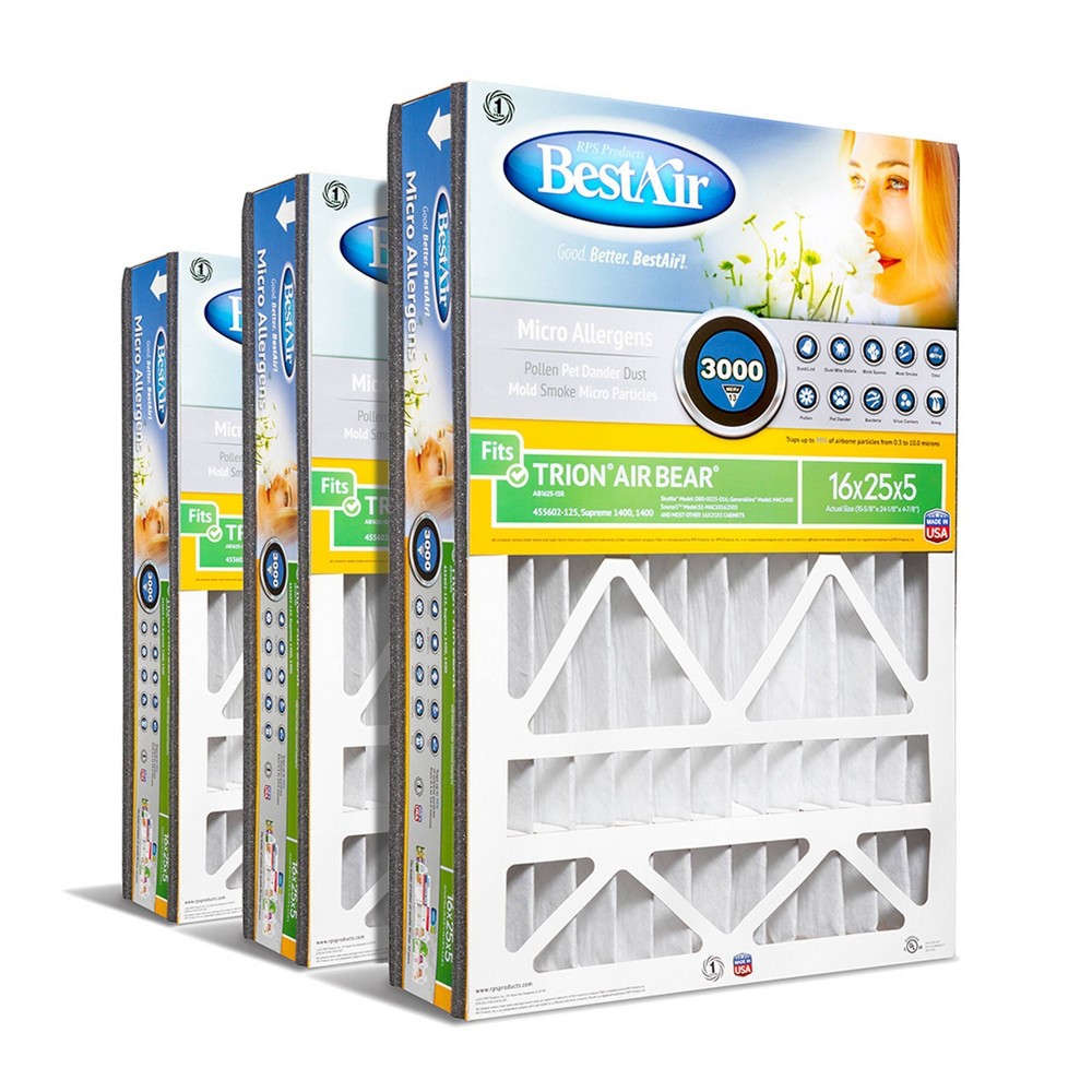 BestAir 3pk 16" x 25" x 5" Trion Air Bear Replacement Air Furnace Filter MERV 13: HVAC Filter, Electrostatic, EPA Certified