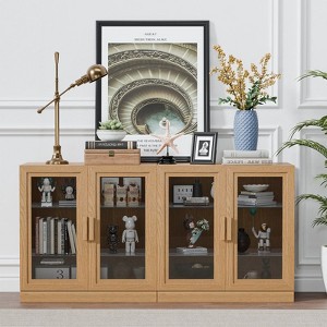 PexFix 62" W x 31" H Large Sideboard Buffet Cabinet with 4 Glass Doors 2 Adjustable Shelves for Kitchen Living/Dinning Room Bedroom Entryway Natural - 1 of 4