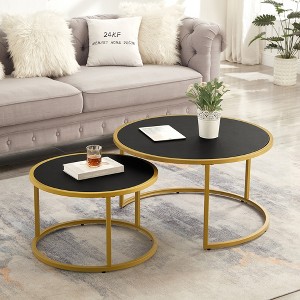ORRD Set of 2 Nesting Coffee Tables, Modern Round Faux Leather Top with Golden Metal Base for Living Room - 1 of 4