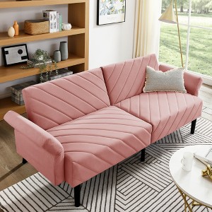 SKRAN 78" Velvet Futon Sofa Bed,Convertible Futon Sleeper Sofa with Folding Armrests, Modern Loveseat Couch for Living Room, Bedroom (Pink) - 1 of 4