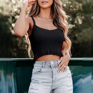 Womens Ruffle Hem Knit Camisole Tank Tops with Front Button V Neck and Cropped Design,Black - M - 1 of 4