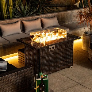 44" Propane Gas Fire Pit Table, 50000 BTU Rectangular Fire Pit, Tile Tabletop with Beautiful Wicker Base for Outside Patio Deck Garden Courtyard-Brown - 1 of 4