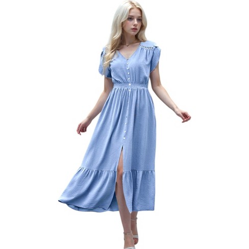 Anna-Kaci Women's Tulip Short Sleeve V-Neck Mock Button Ruffle Hem Front Slit Maxi Dress - image 1 of 4