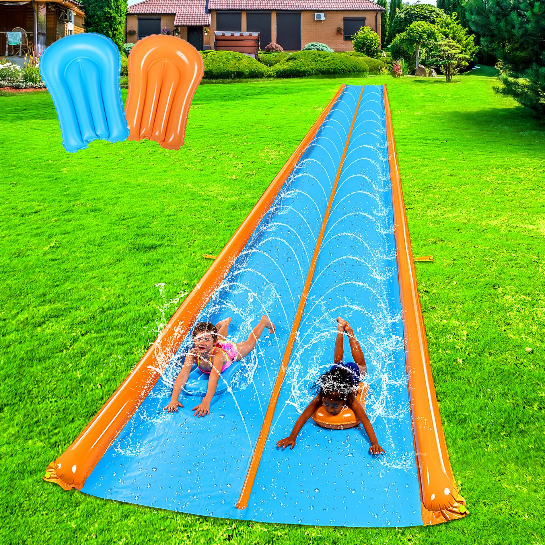 Joyfy 25ft Double Lane Water Slides with Bodyboards and Sprinkler, Summer Yard Outdoor Water Slip for Kids Adults