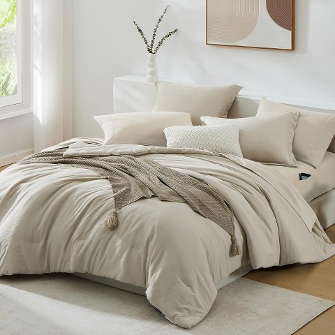 Der Rose BALHAM TRADE-Queen Size 7 Pieces Soft Microfiber Comforter Set Light Warm All Season Bedding Light Oatmeal-Queen 90"x90"