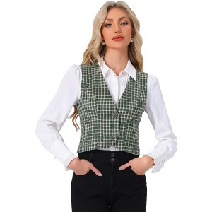 INSPIRE CHIC Women's Vintage Plaid V Neck Single Breasted Sleeveless Vest - 1 of 4