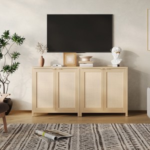 Rattan Woven Sideboard Chipboard Dining Cabinet with Adjustable Storage Shelves, Hidden Gold Handle, Thickened Wooden Board, Large Storage Space - 1 of 4