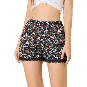 Allegra K Women's Summer Floral Printed Lace Trim Elastic Waist Beach Shorts - 1 of 4