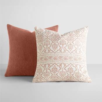 2-Pack Cotton Slub Terracotta Antique Floral Throw Pillows and Pillow Inserts Set - Becky Cameron, Antique Floral Terracotta, 20 x 20