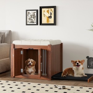 2 in 1 Dog Crate Wooden Dog Kennel Pet Crate House with Padded Seat, Ottoman with Removable Cushion, Walnut - ModernLuxe - 1 of 4