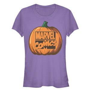 Juniors Womens Marvel Halloween Classic Logo Pumpkin T-Shirt - 1 of 3