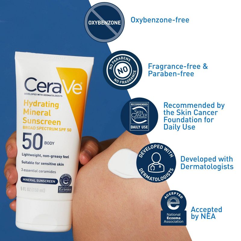 CeraVe Hydrating 100% Mineral Sunscreen for Body - SPF 50 - 5 fl oz, 4 of 12
