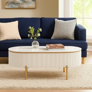 Royal Hampton Oval Coffee Table with Drawer, 47 Inch, Glossy White, Gold Metal - 1 of 4