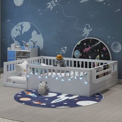 NicBex Twin/Full Size Kids Floor Bed Frame with High Rails & Storage Shelf & Lights,Modern Toddler Bed for Bedroom,Kids Room,Playrooms