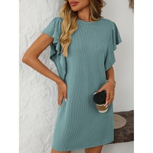 Womens Mini Dress Crew Neck Ruched Sleeve Striped Tee Shirt Dress Summer Fashion Casual Tshirt Dress - 1 of 4