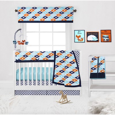 Bacati - Aztec Print Liam Aqua Orange Navy 10 pc Crib Bedding Set with Long Rail Guard Cover