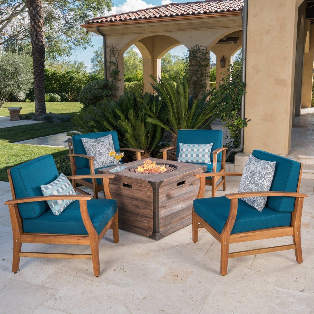 Photos - Garden Furniture Mark 5pc Acacia Wood Club Chairs & Fire Pit - Teak/Blue/Brown - Christophe