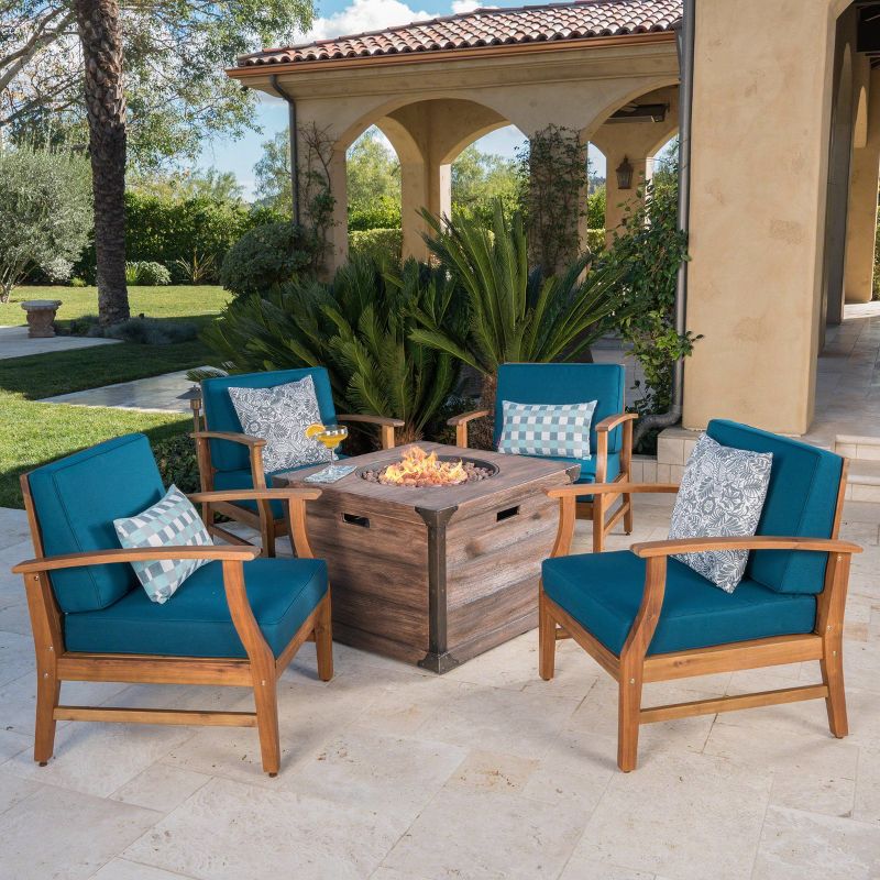 Mark 5pc Acacia Wood Club Chairs &#38; Fire Pit - Teak/Blue/Brown - Christopher Knight Home, 1 of 10