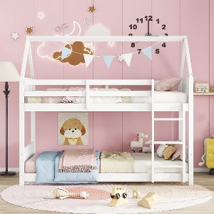 Kumasinova Twin-Over-Twin Bunk Bed, Wooden House Floor Bed, Bed Frame with Headboards, Footboards, Ladder & Full-Length Guardrails for Children - 1 of 4