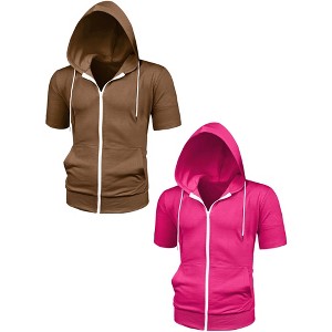 Lars Amadeus Men's Summer Solid Zip Up Lightweight Short Sleeves Hoodies Sweatshirt 2 Packs - 1 of 4