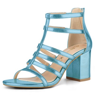 Allegra K Women's Cage Strappy Back Zipper Gladiators Chunky Heels Sandals